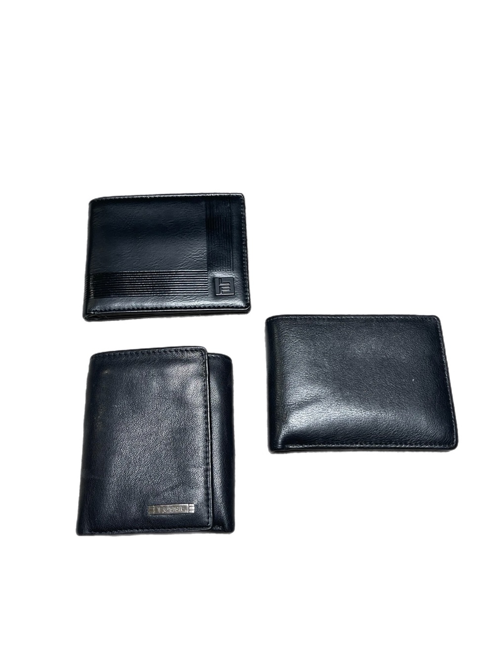 Bundle of THREE Men’s Black Leather Wallets; FOSSIL, Perry Ellis, London Fog